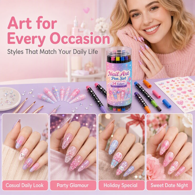 Four nail art design ideas with the 24-color pen set
