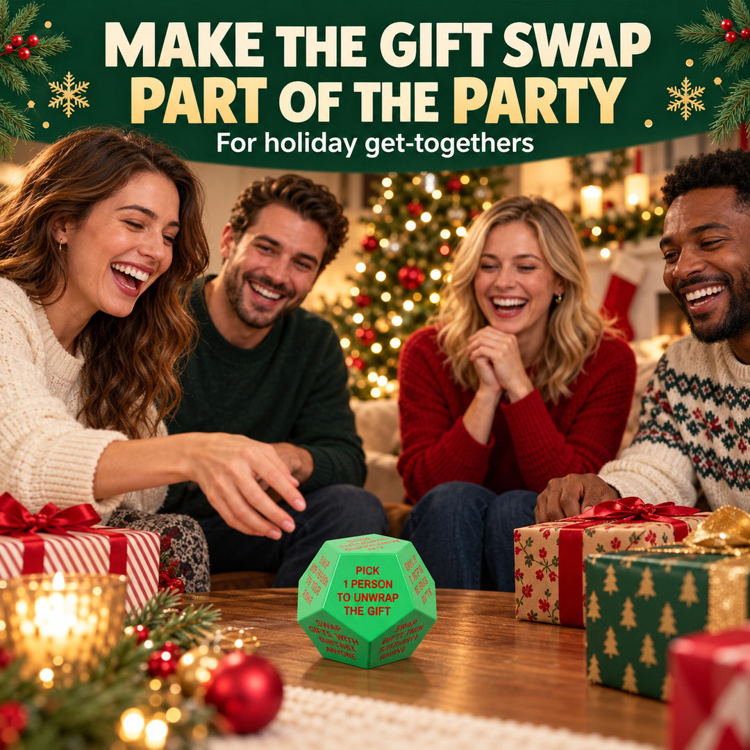 Friends playing a Christmas gift exchange around a table