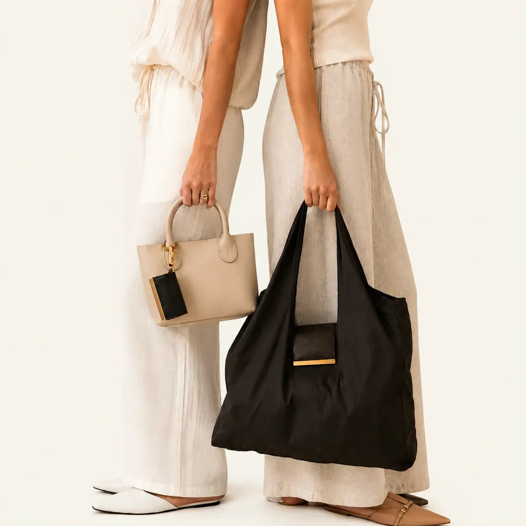 Foldable Vegan Leather Tote Bag with Keychain Charm Pouch