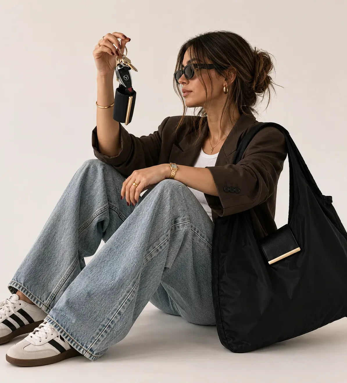 Foldable Vegan Leather Tote Bag with Keychain Charm Pouch