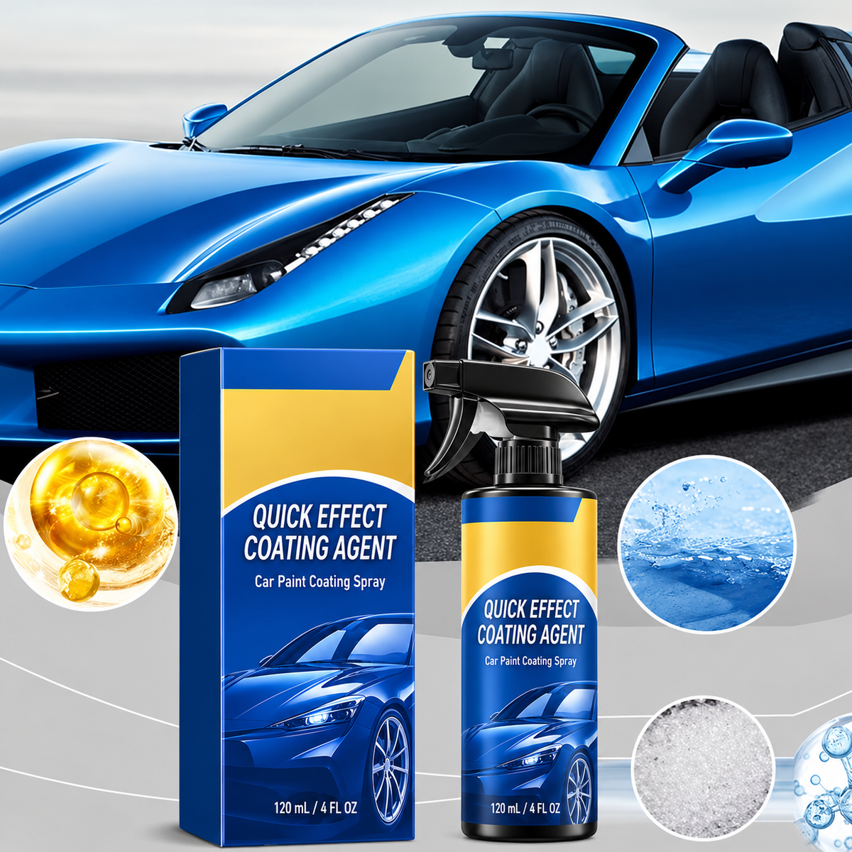 Blue car and coating spray bottle