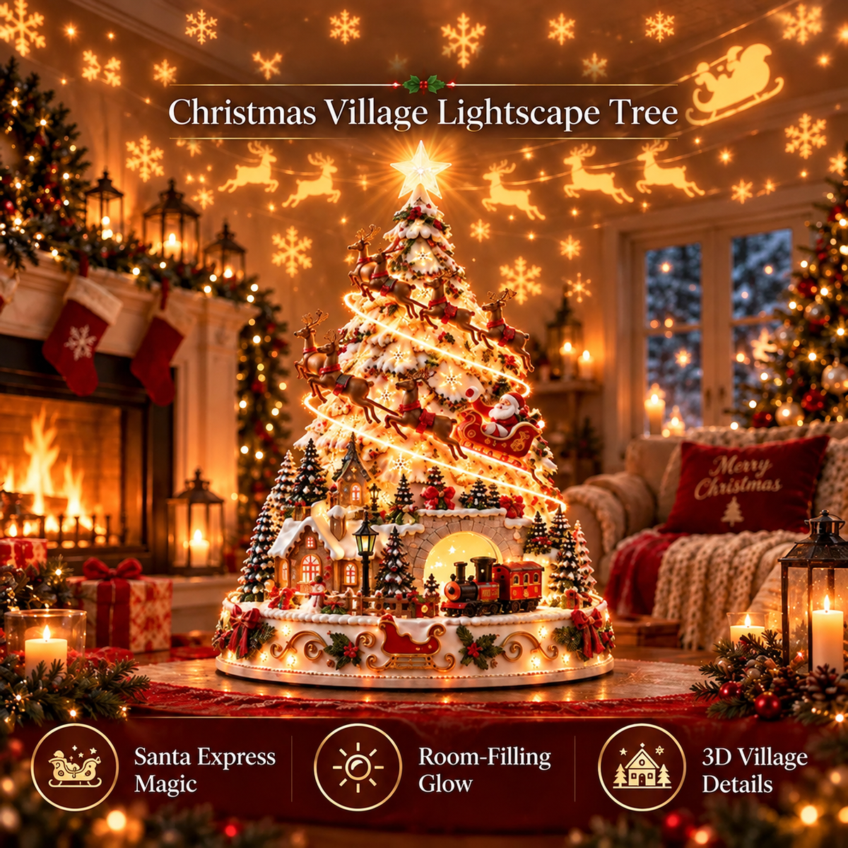 Lighted Christmas village tree on a holiday table
