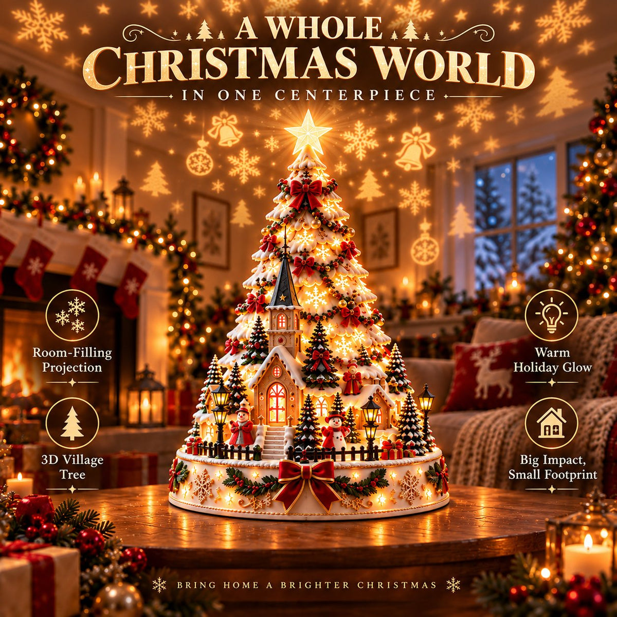 Lighted Christmas Village Tree Tabletop Ornament with Moving Train