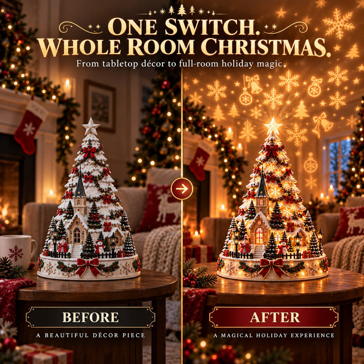 Lighted Christmas Village Tree Tabletop Ornament with Moving Train