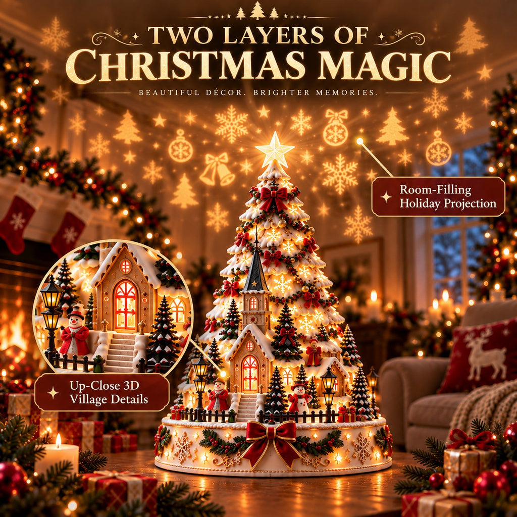 Lighted Christmas Village Tree Tabletop Ornament with Moving Train