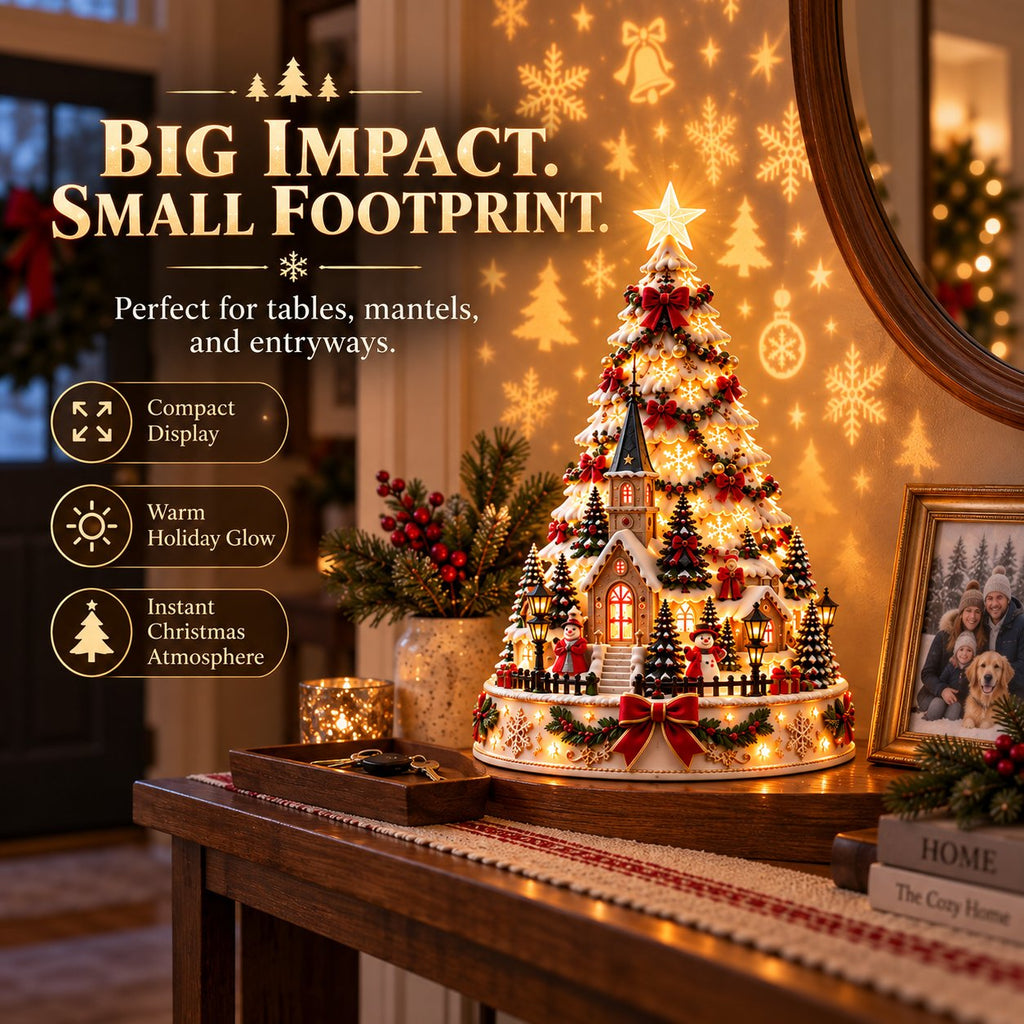 Lighted Christmas Village Tree Tabletop Ornament with Moving Train