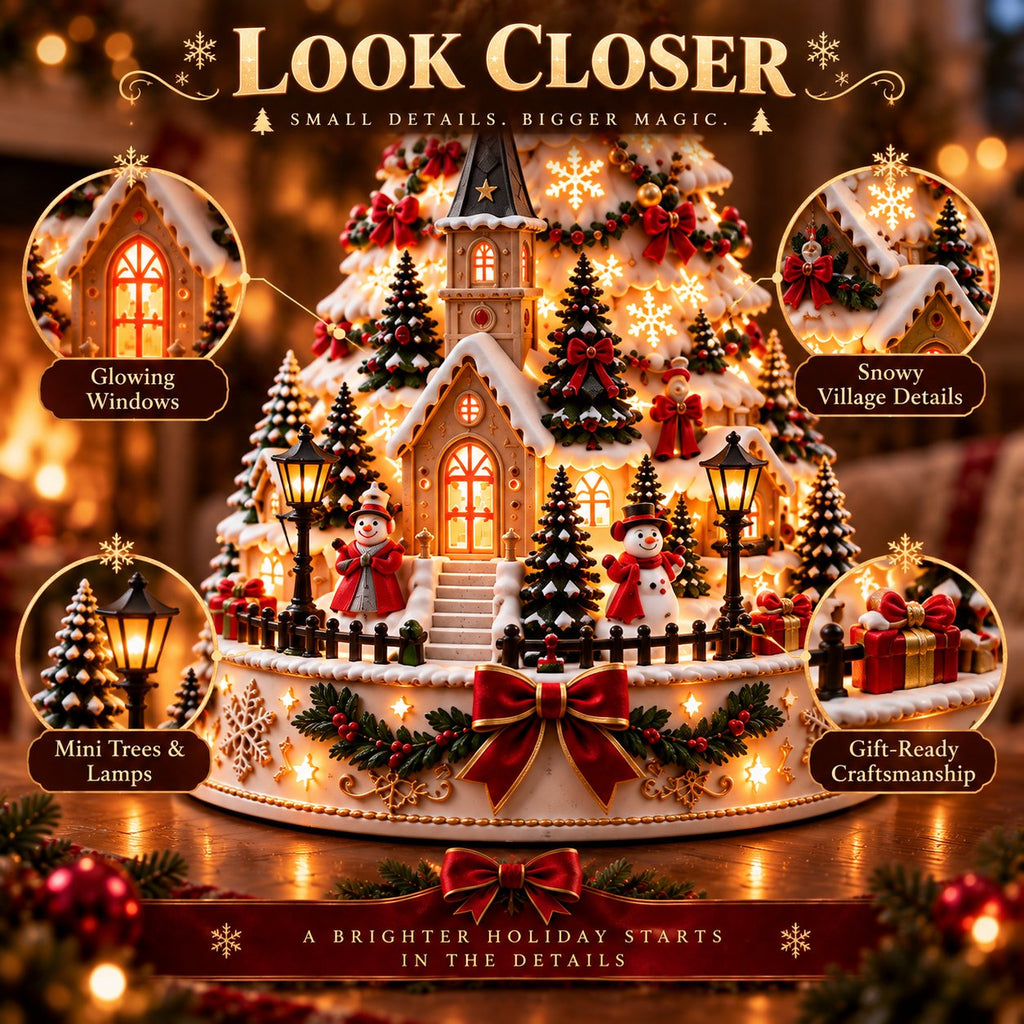 Lighted Christmas Village Tree Tabletop Ornament with Moving Train
