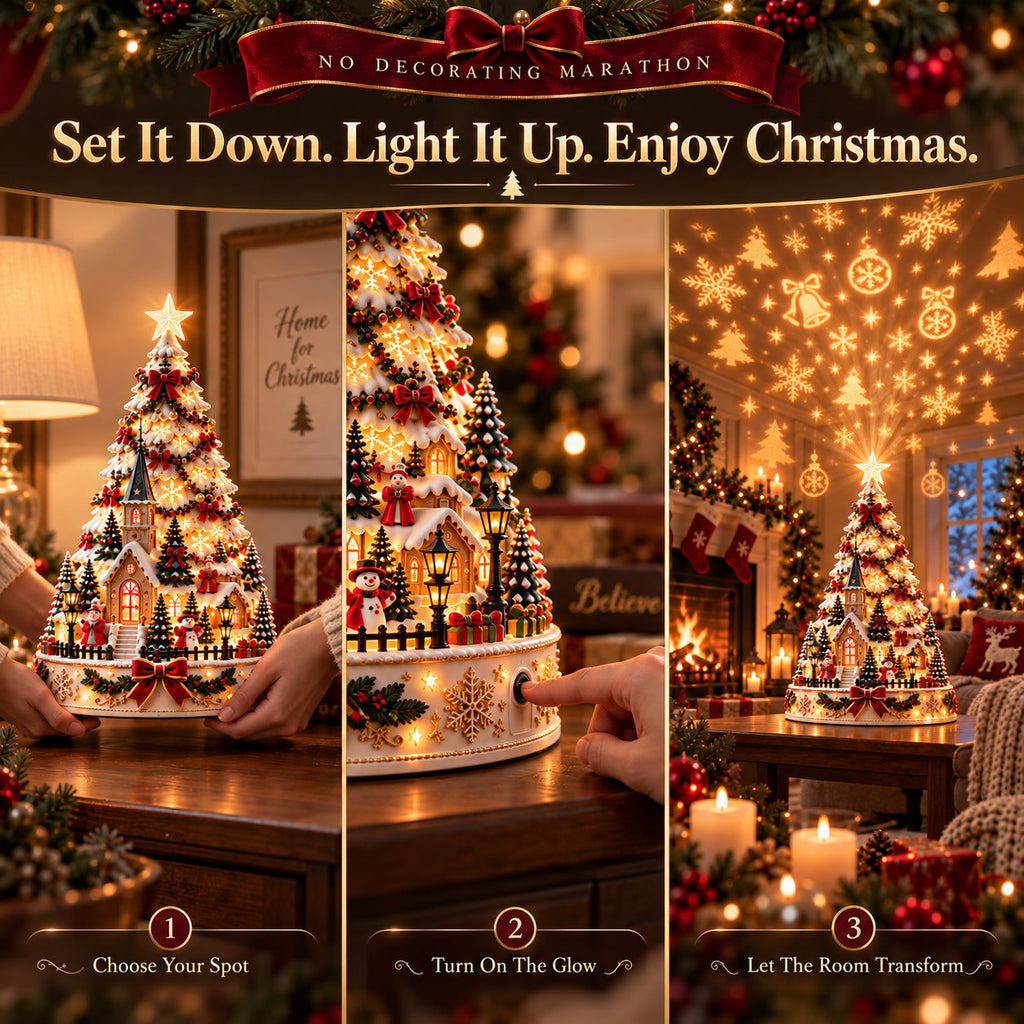 Lighted Christmas Village Tree Tabletop Ornament with Moving Train