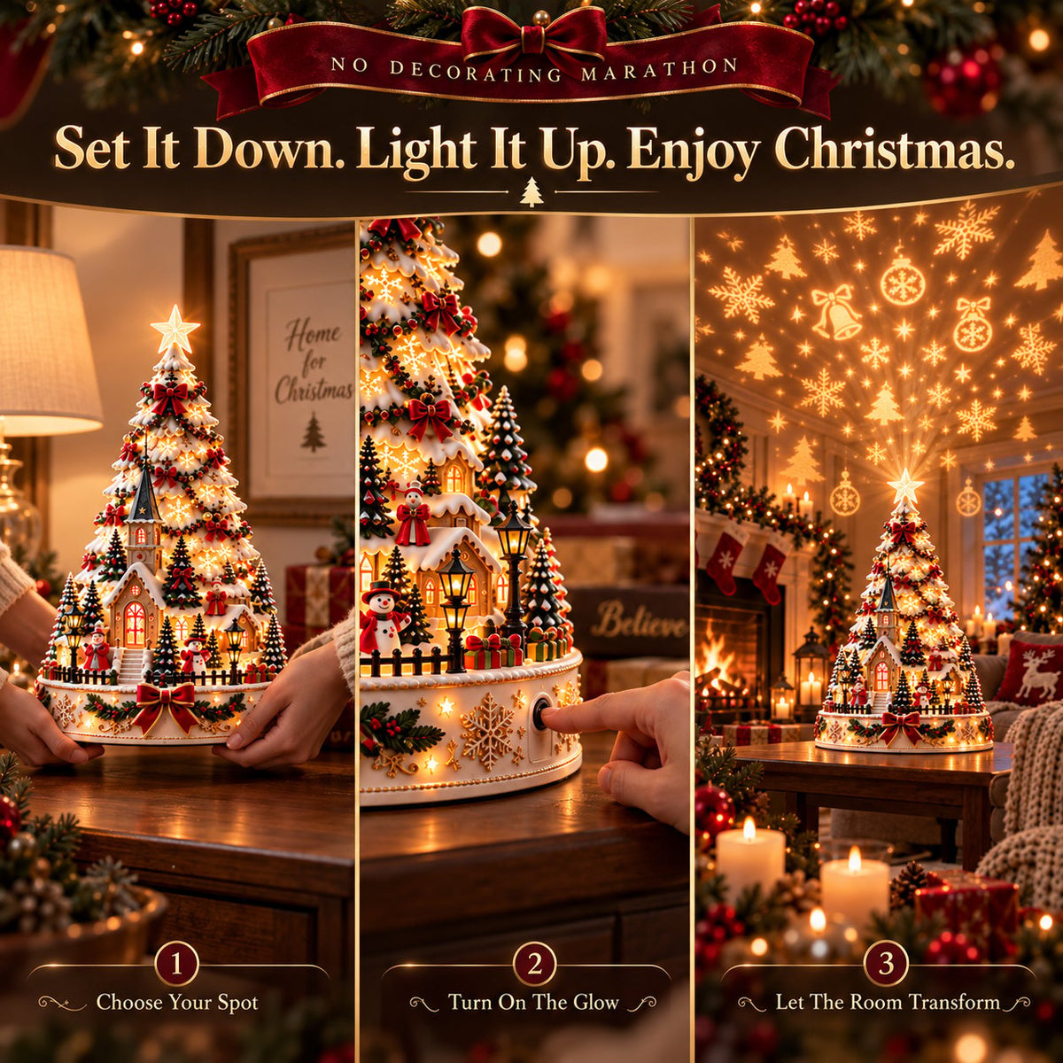 Lighted Christmas Village Tree Tabletop Ornament with Moving Train