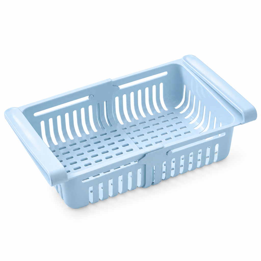 Blue adjustable refrigerator drawer organizer on a white background