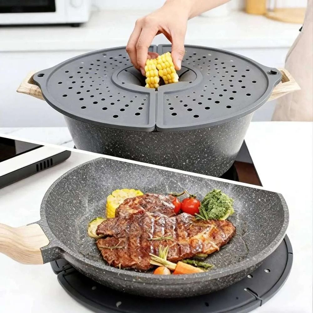 Foldable splatter guard over a cooking pan