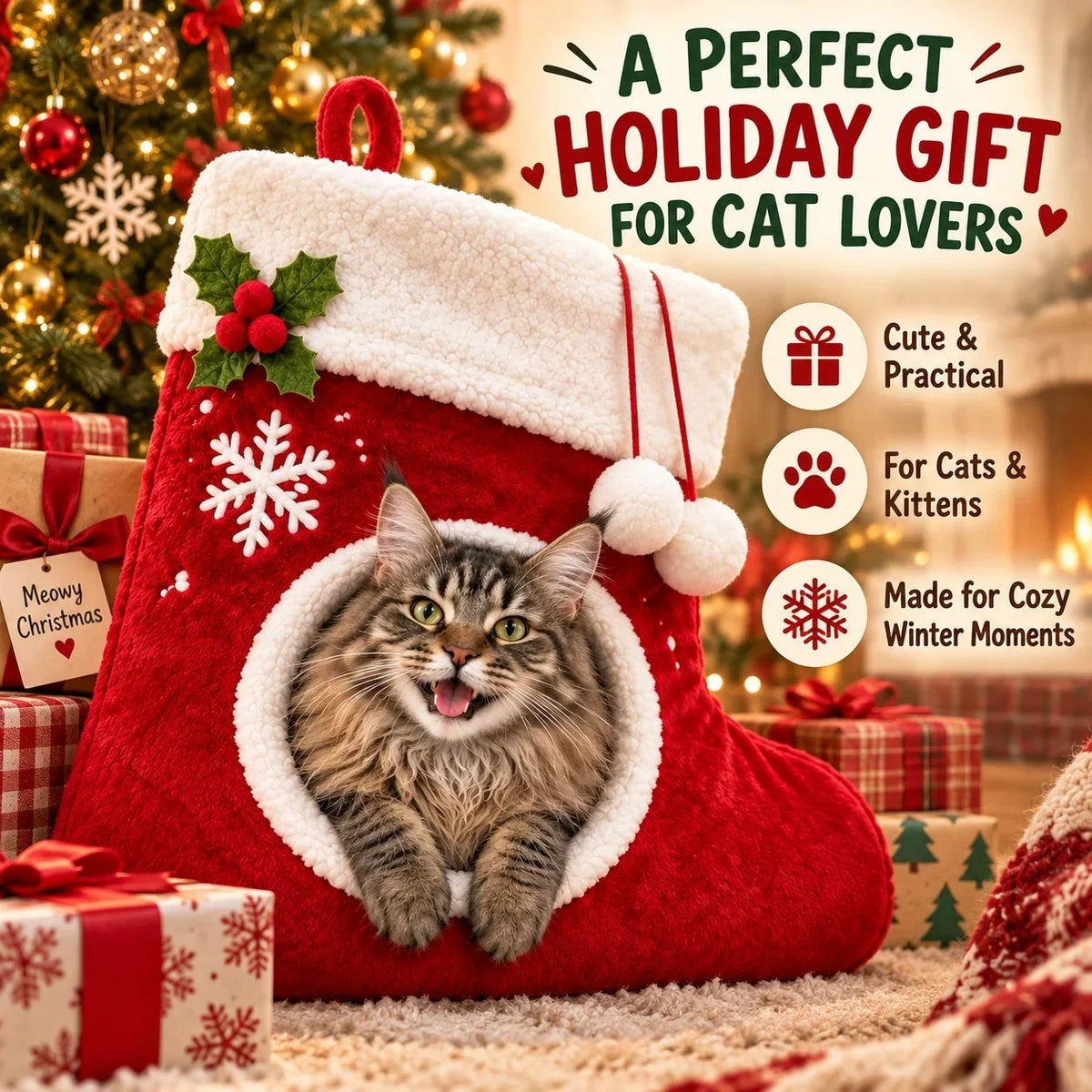 Christmas Stocking Shaped Plush Cat Bed Cave