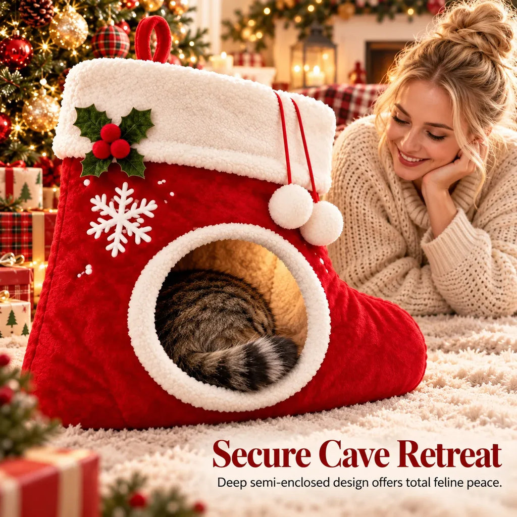 Cat resting inside the holiday cave bed