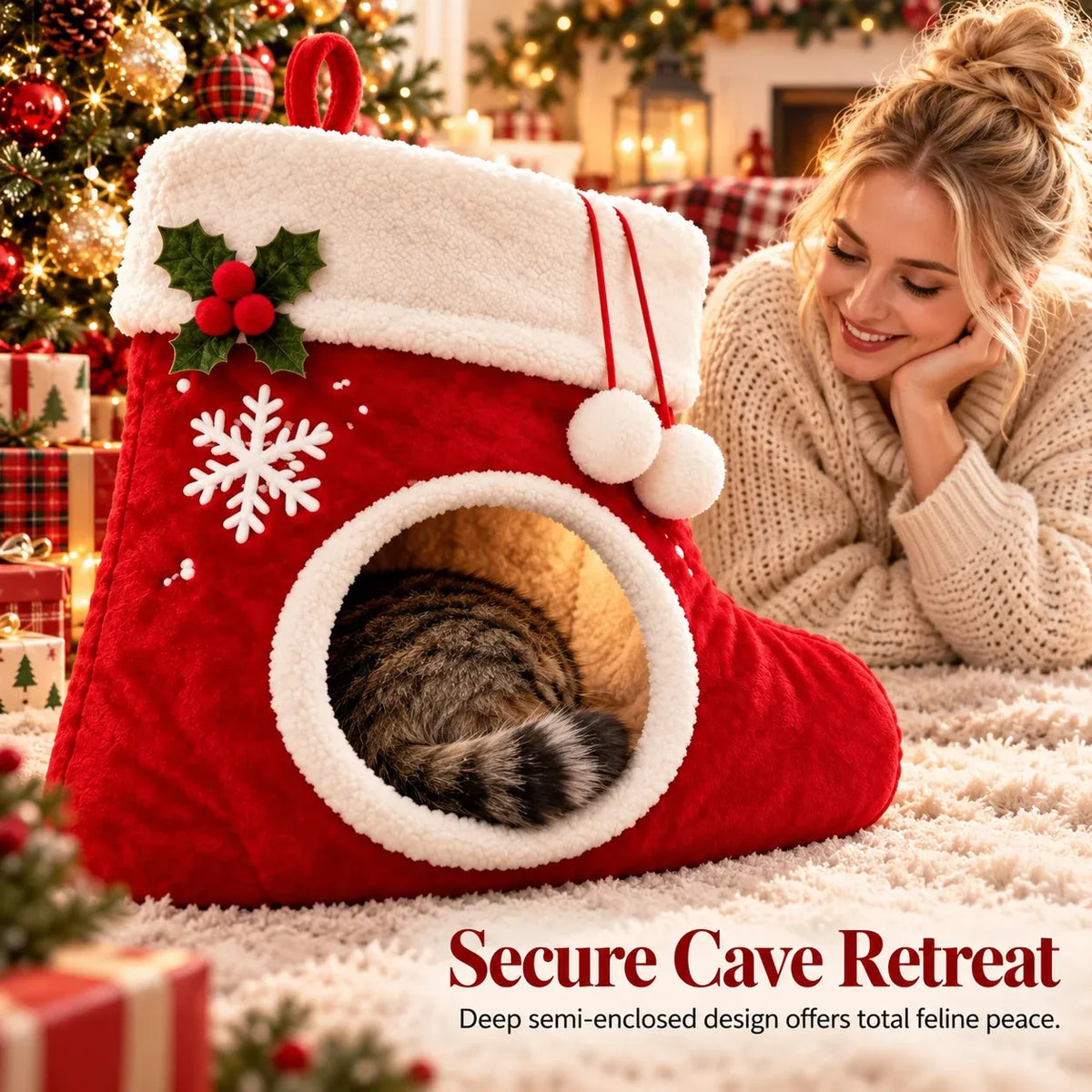 Cat resting inside the holiday cave bed