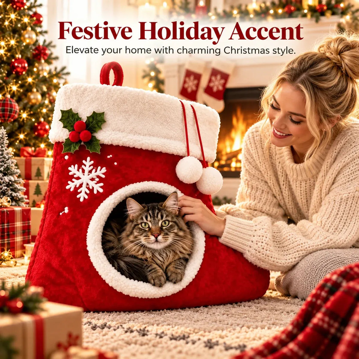 Woman and cat beside Christmas stocking bed