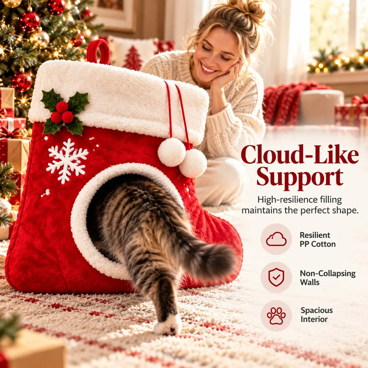 Christmas Stocking Shaped Plush Cat Bed Cave