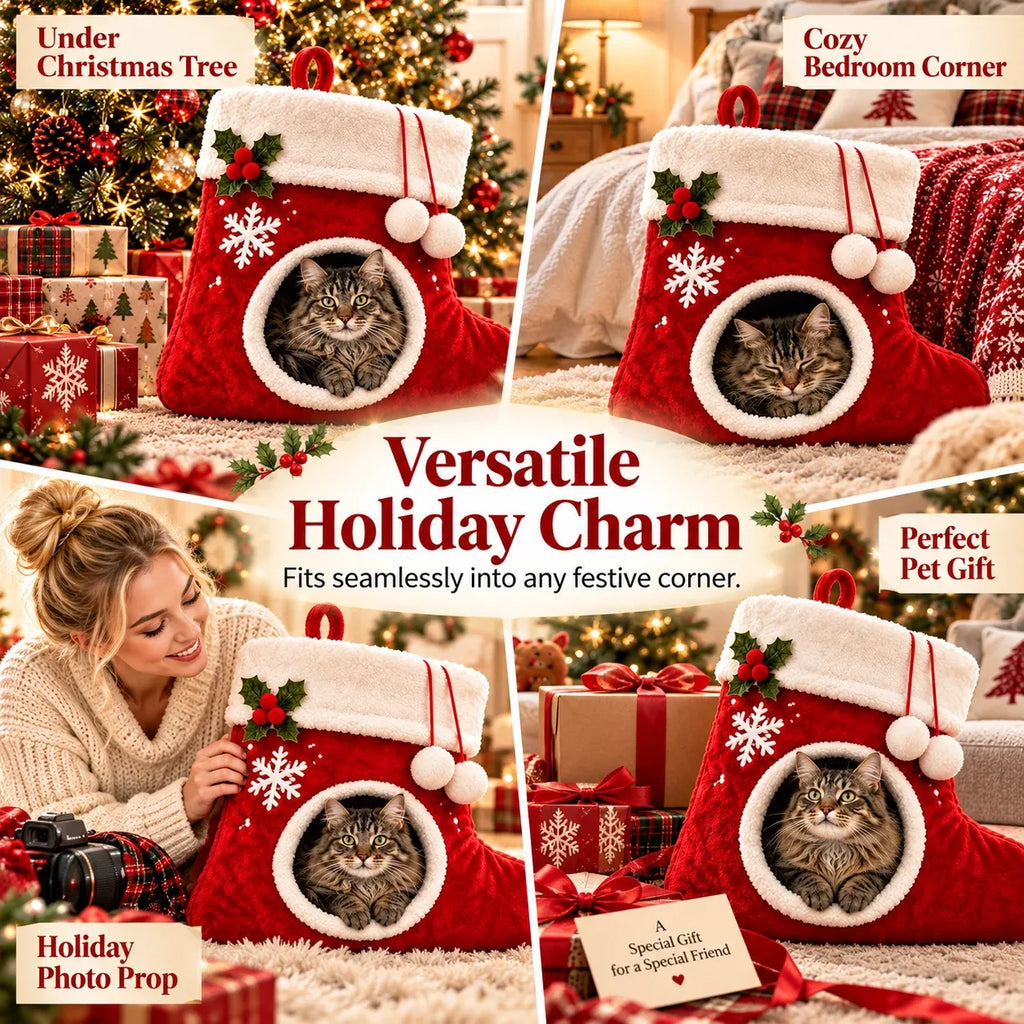 Christmas Stocking Shaped Plush Cat Bed Cave
