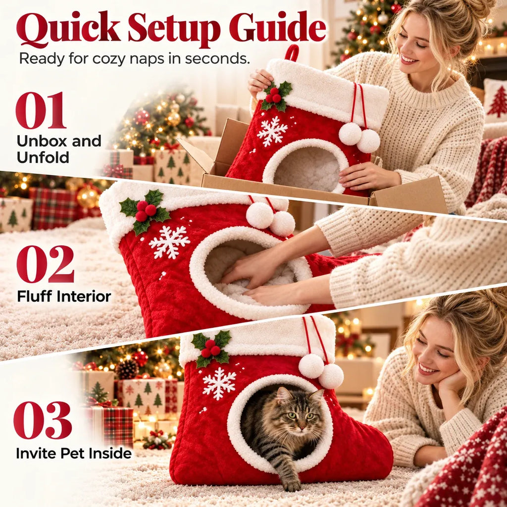 Christmas Stocking Shaped Plush Cat Bed Cave