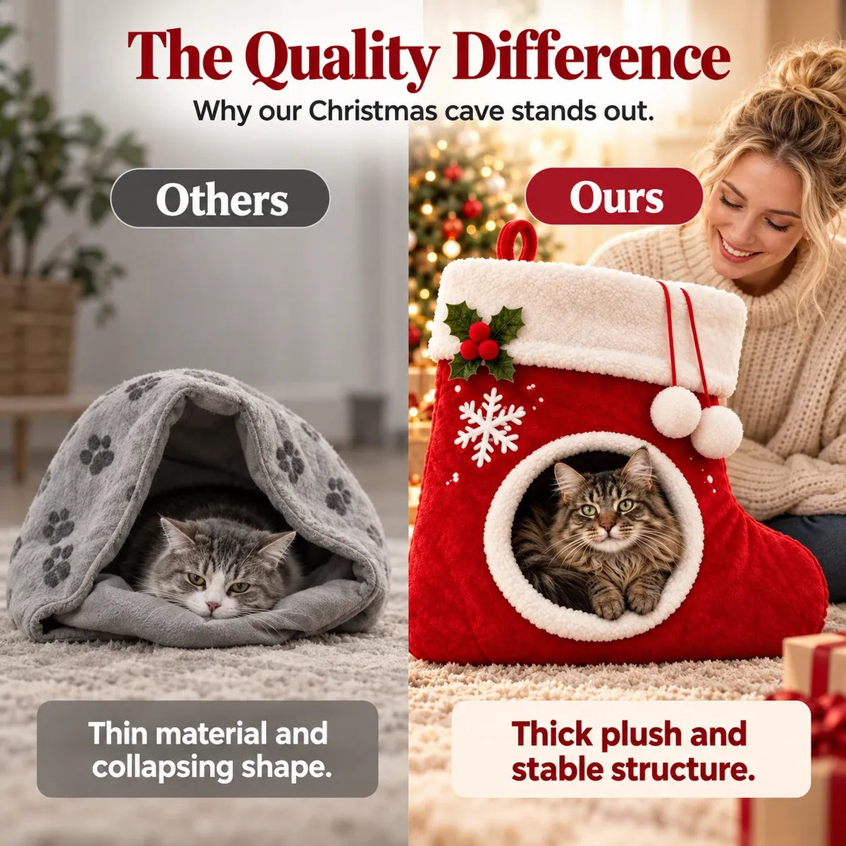 Christmas Stocking Shaped Plush Cat Bed Cave