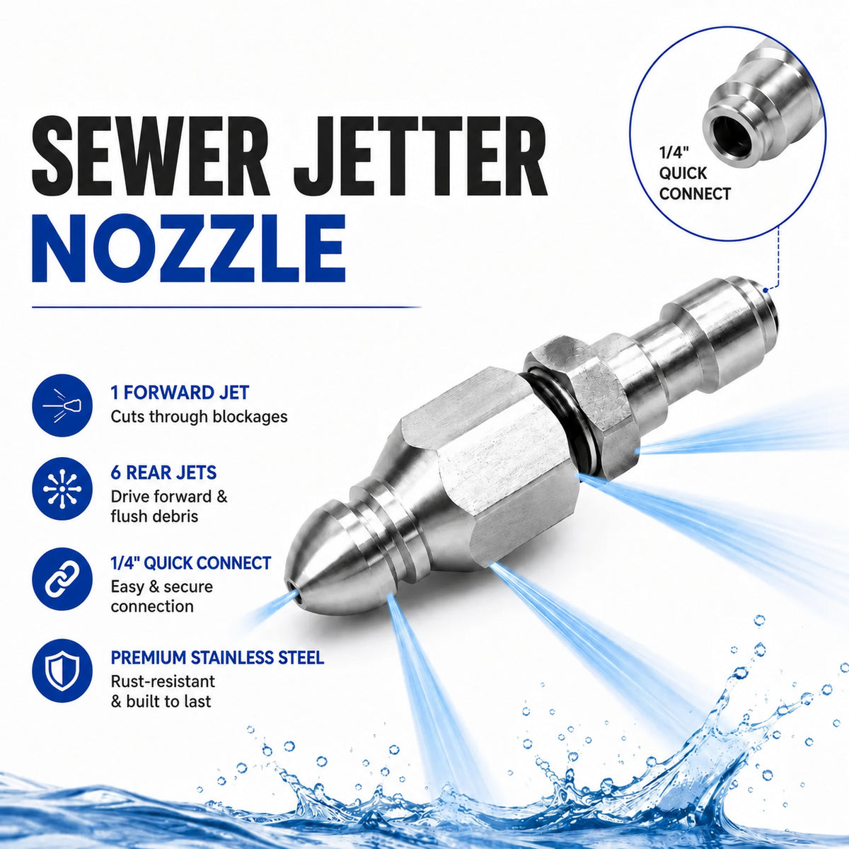 Stainless steel sewer jetter nozzle and spray illustration