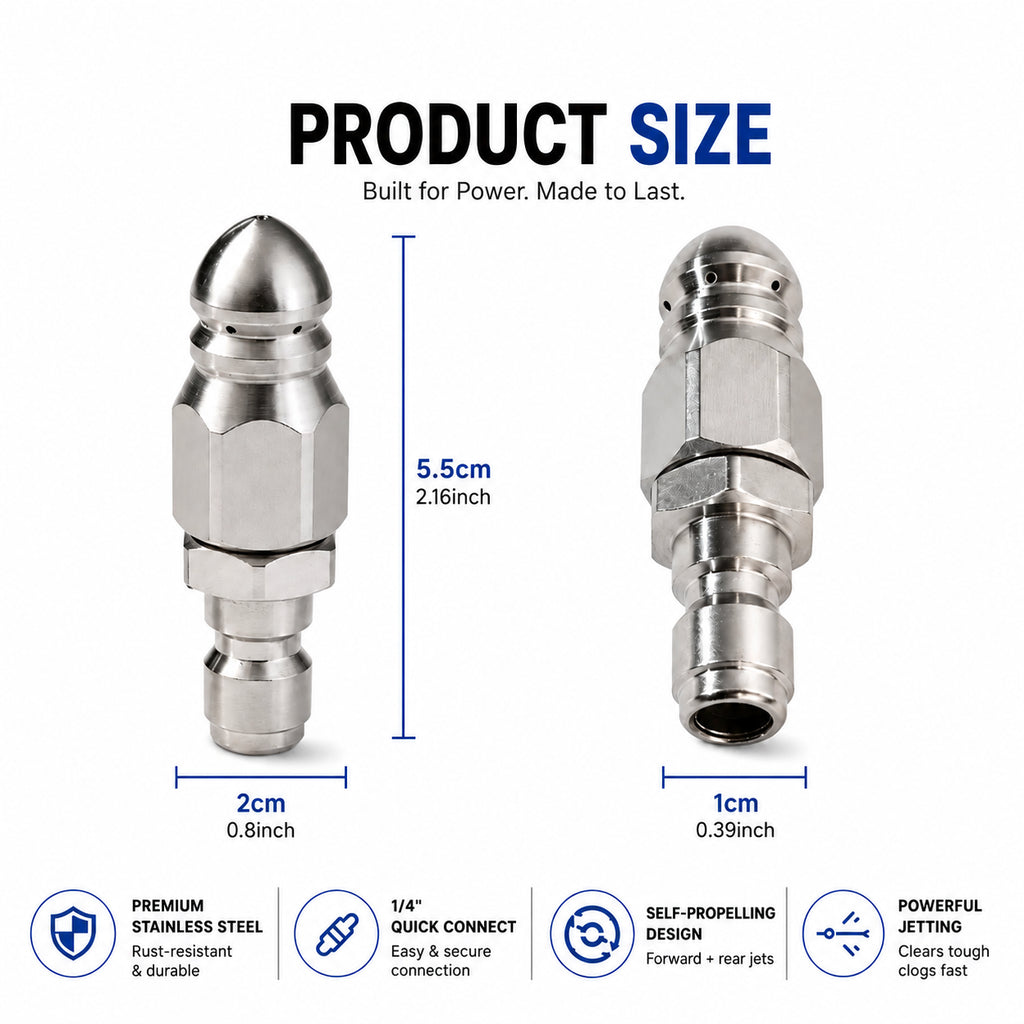 Stainless Steel Sewer Jetter Nozzle 1/4 Inch Quick Connect High Pressure Drain Cleaning Jet Nozzle
