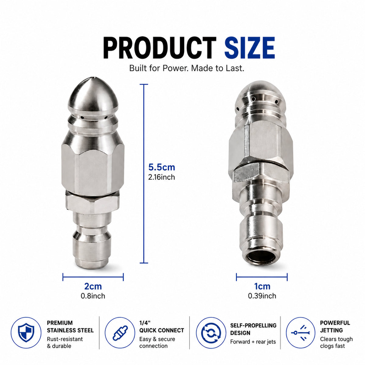 Stainless Steel Sewer Jetter Nozzle 1/4 Inch Quick Connect High Pressure Drain Cleaning Jet Nozzle