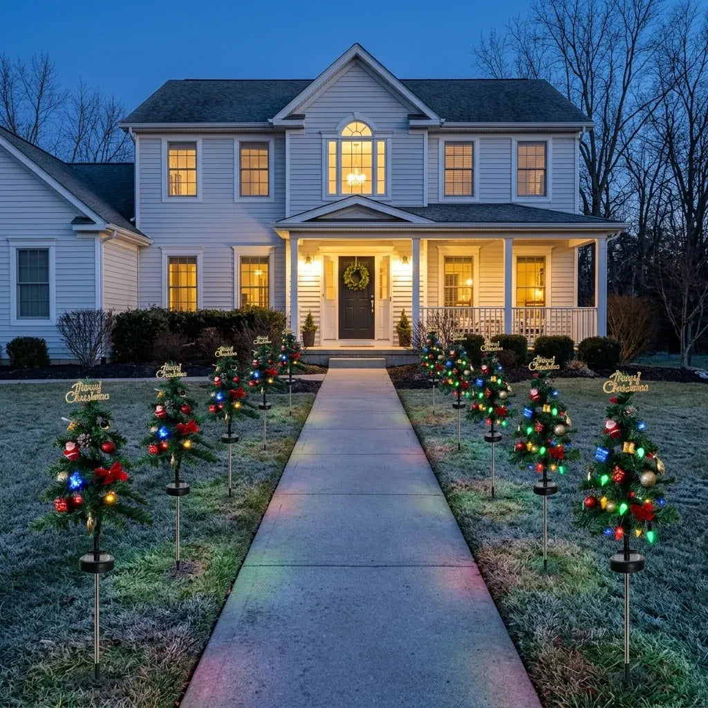Christmas tree lights beside a walkway