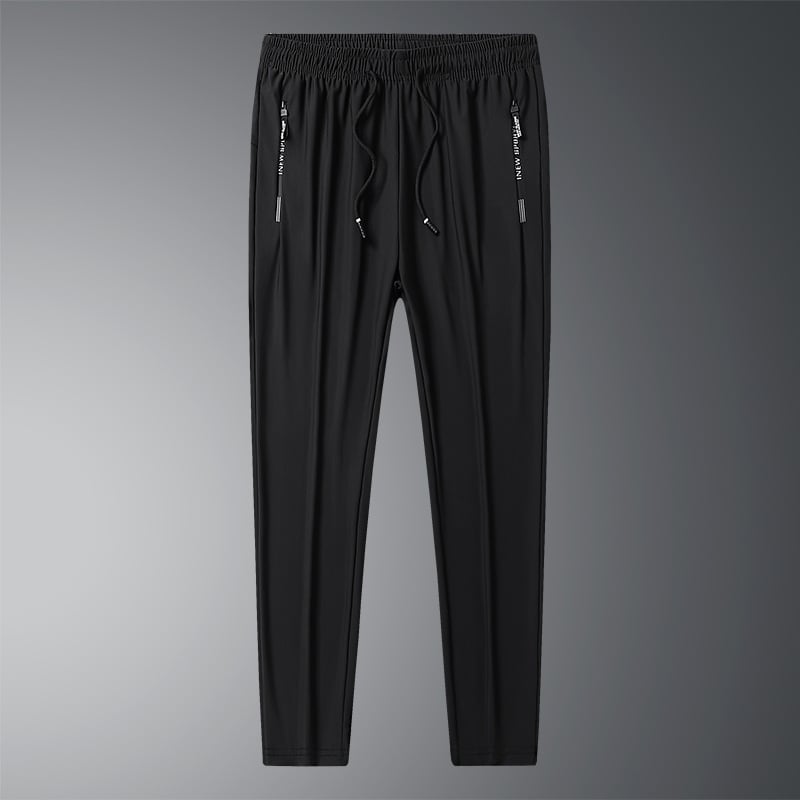 Front view of black pants with straight hems