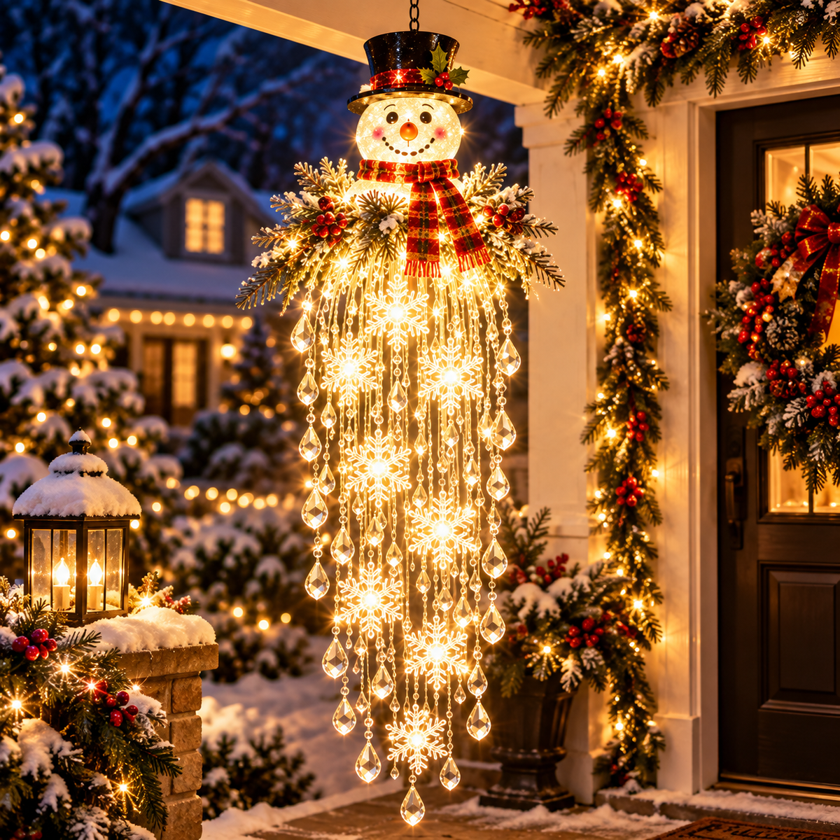 Snowman decoration hanging at a holiday porch