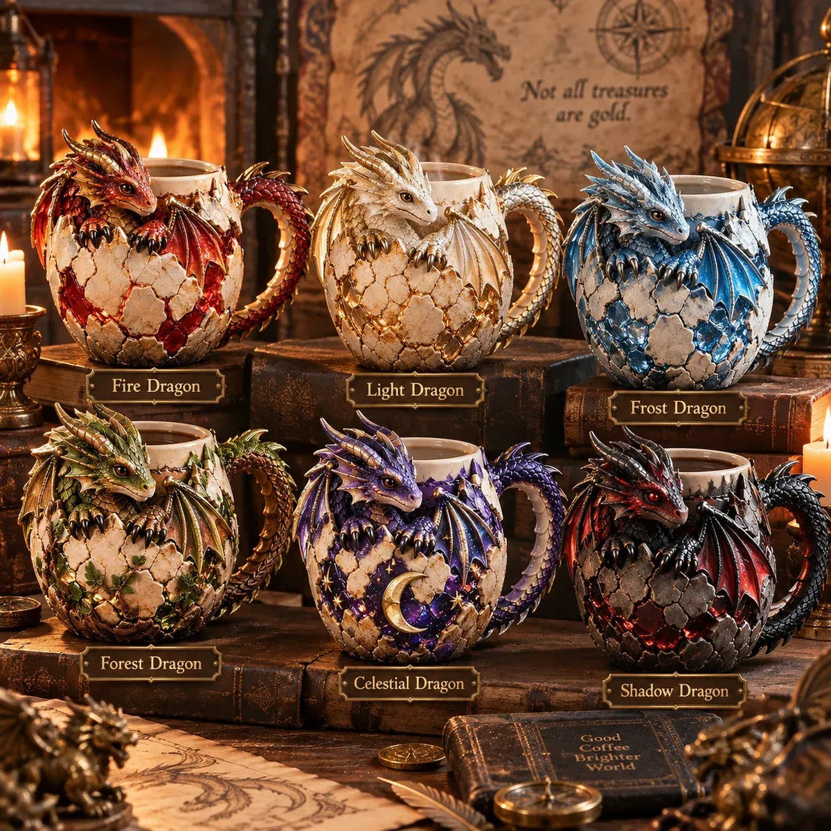 Six dragon egg mug designs displayed together