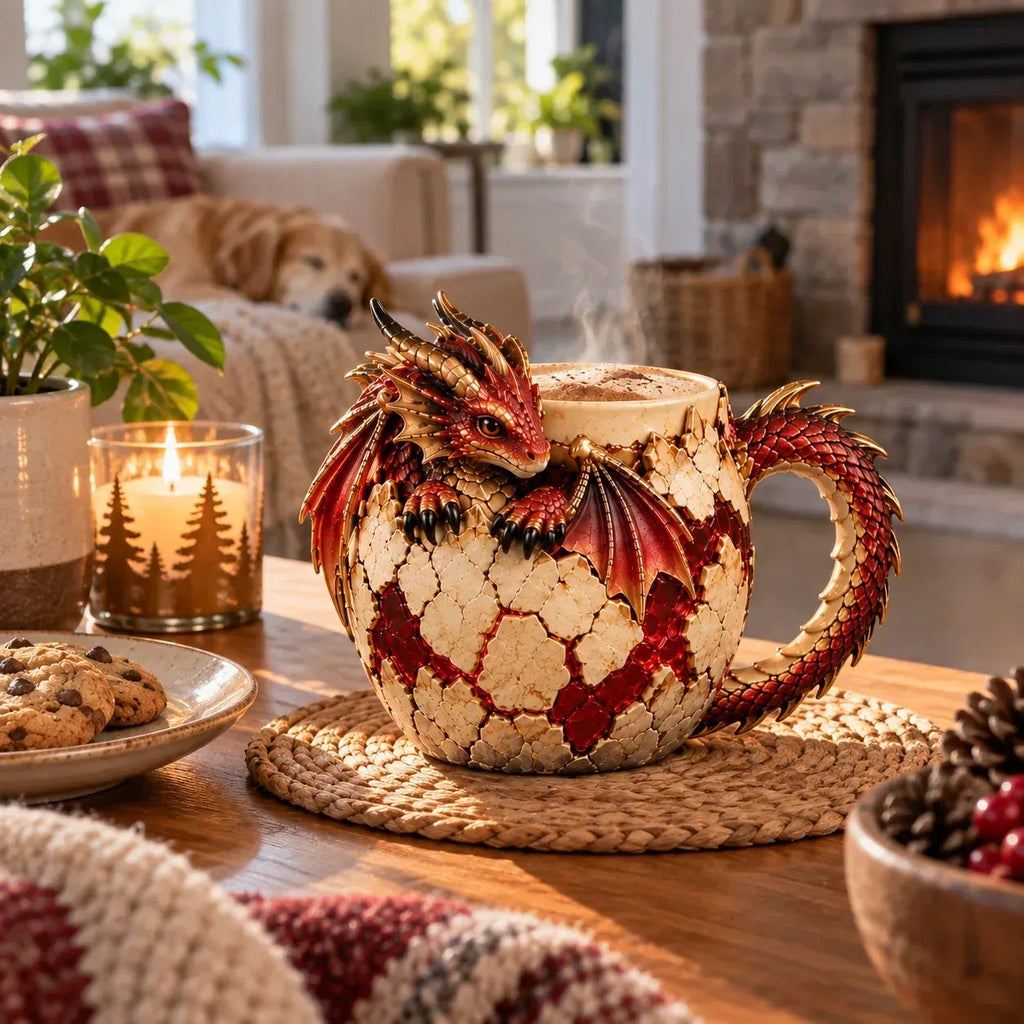 Fire Dragon egg mug in a cozy coffee setting