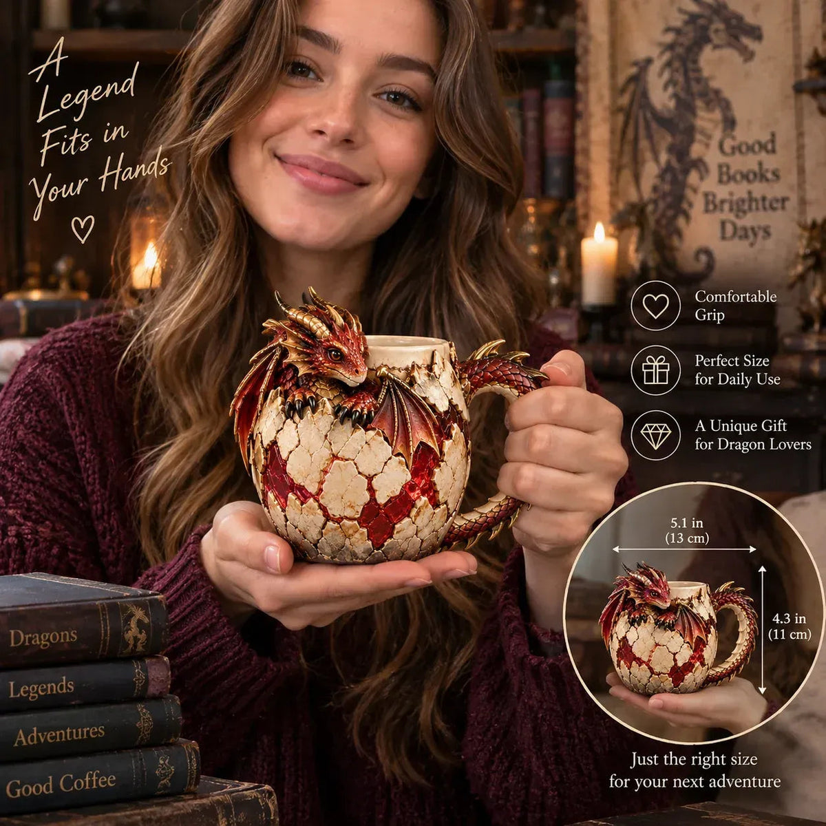 Dragon egg mug held in a fantasy reading setting