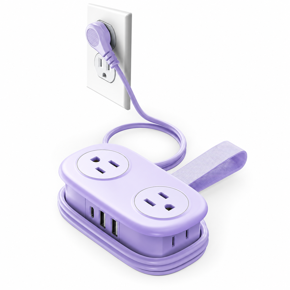 Purple travel power strip with flat plug and wrapped cord