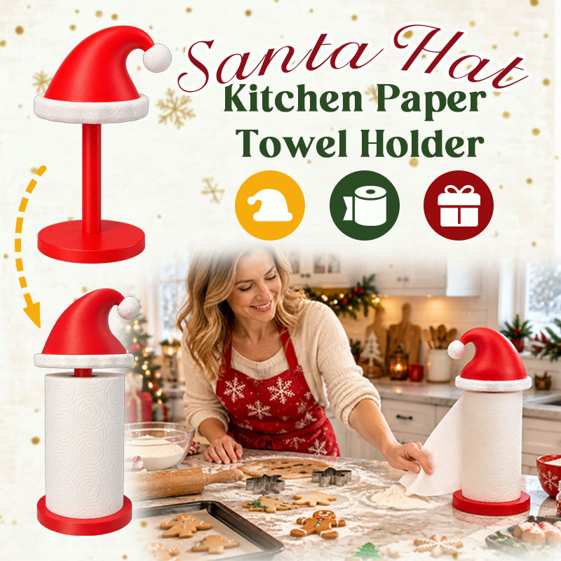 Santa hat paper towel holder in a Christmas kitchen collage