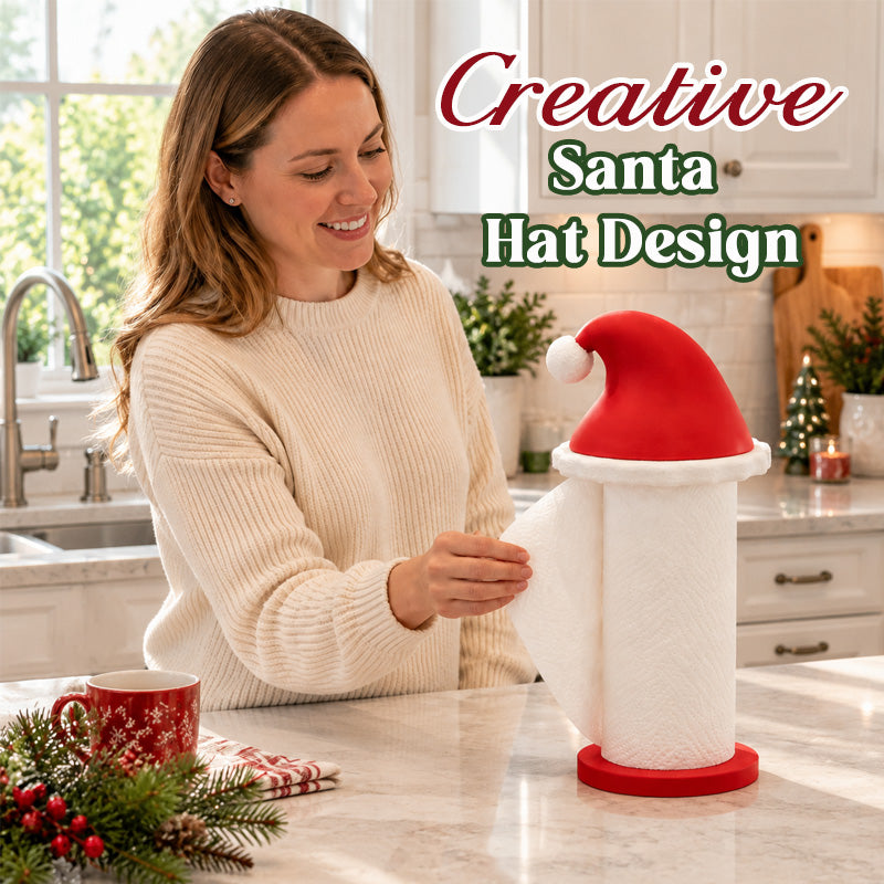 Santa hat paper towel holder beside a kitchen counter