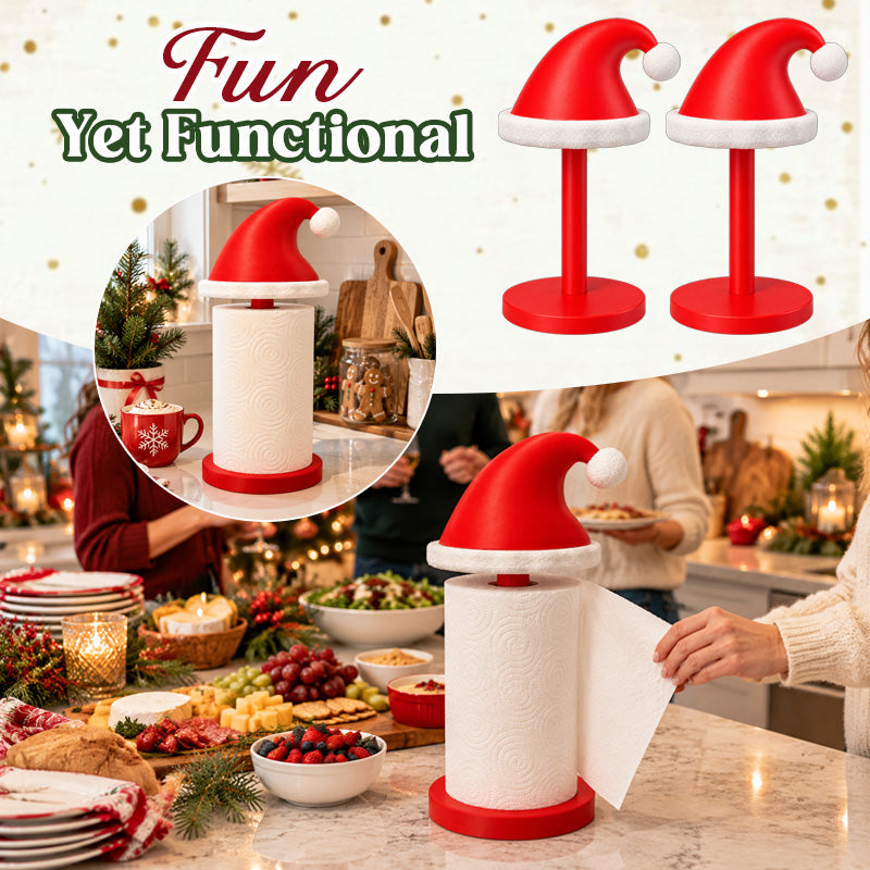 Santa hat paper towel holder displayed with paper towel rolls