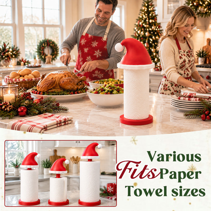Santa hat paper towel holder on a Christmas dinner counter