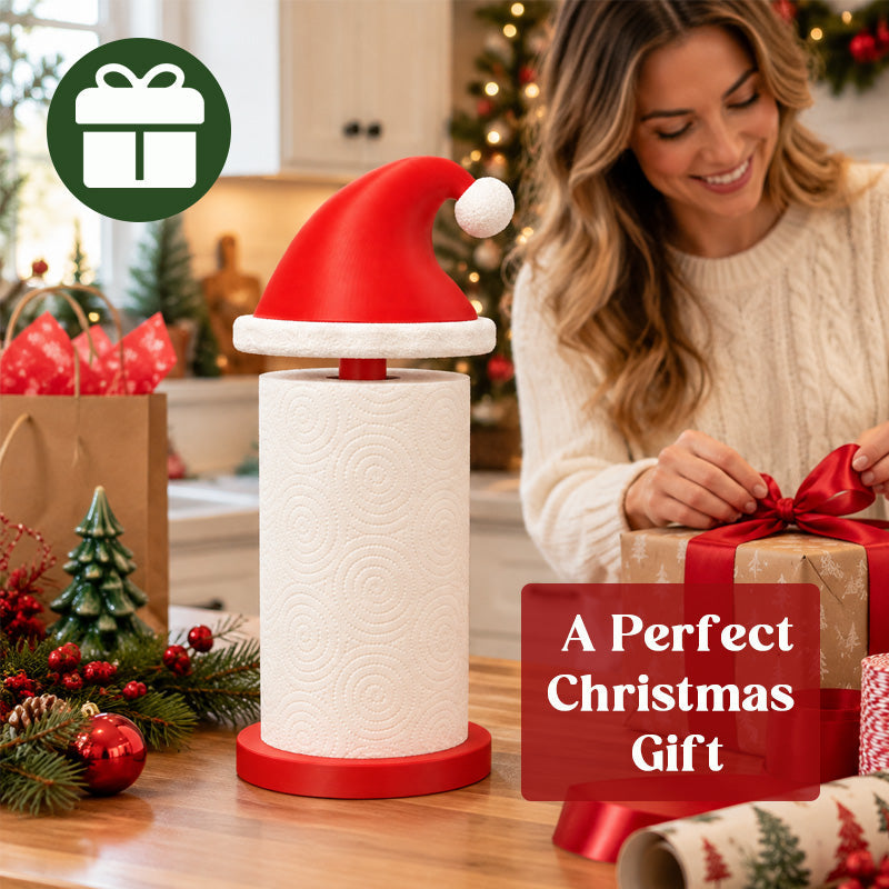 Santa hat paper towel holder in a holiday gift scene