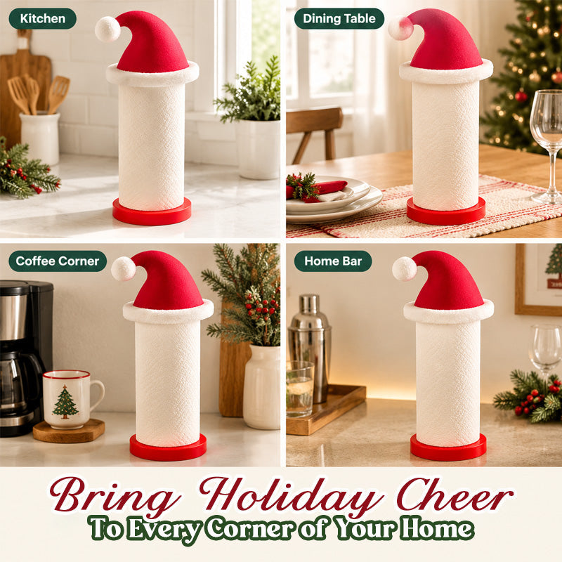 Santa hat paper towel holder in four home settings