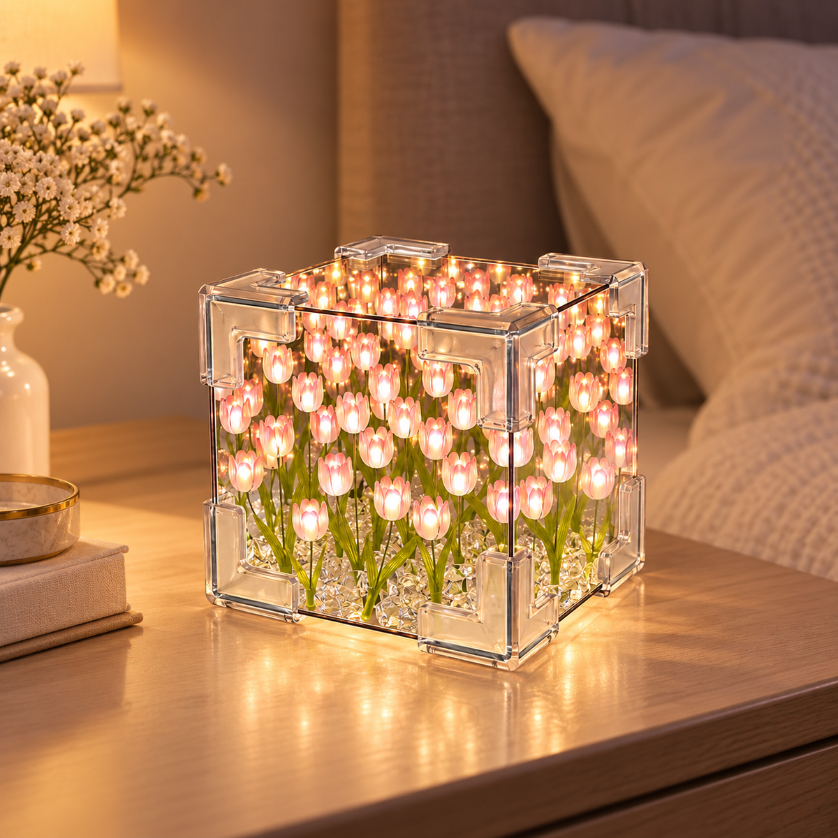 DIY Tulip Cube Night Light Glowing Flower Desktop Ornament