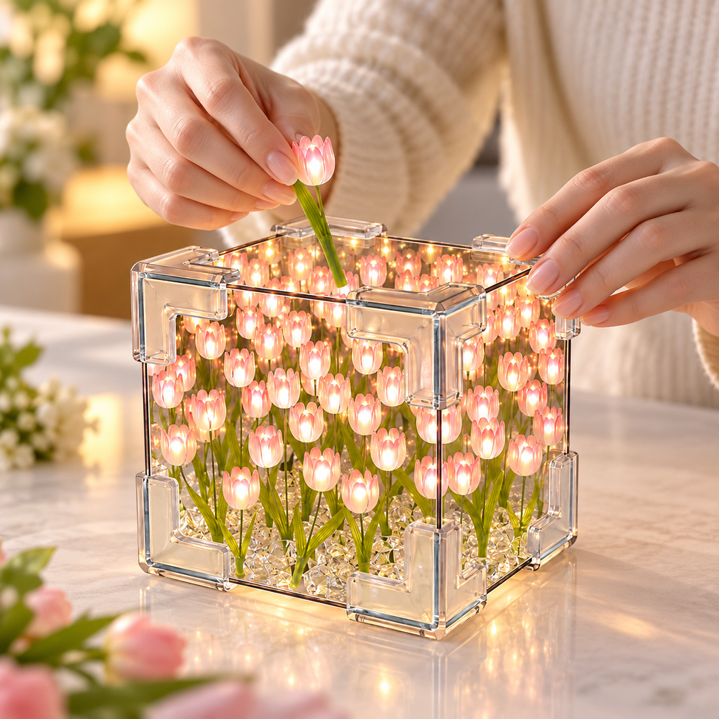 DIY Tulip Cube Night Light Glowing Flower Desktop Ornament
