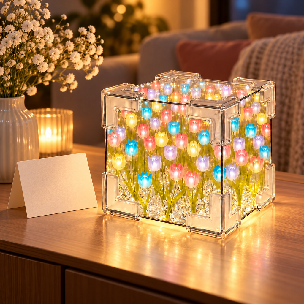 DIY Tulip Cube Night Light Glowing Flower Desktop Ornament