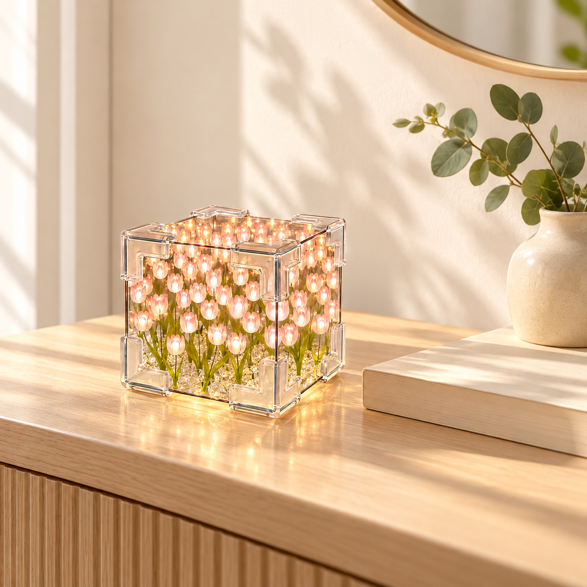 DIY Tulip Cube Night Light Glowing Flower Desktop Ornament