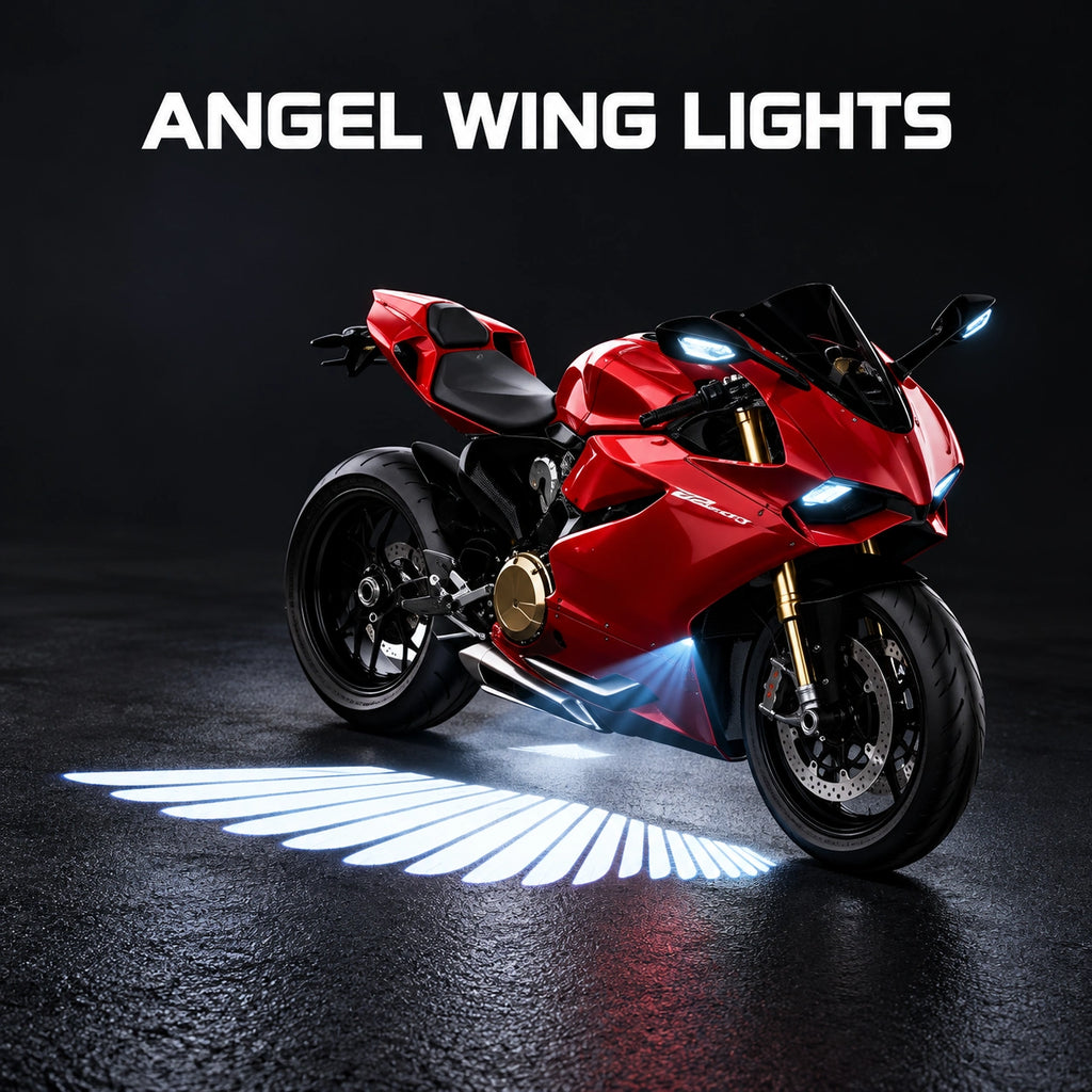 Red sport motorcycle with white angel wing projections