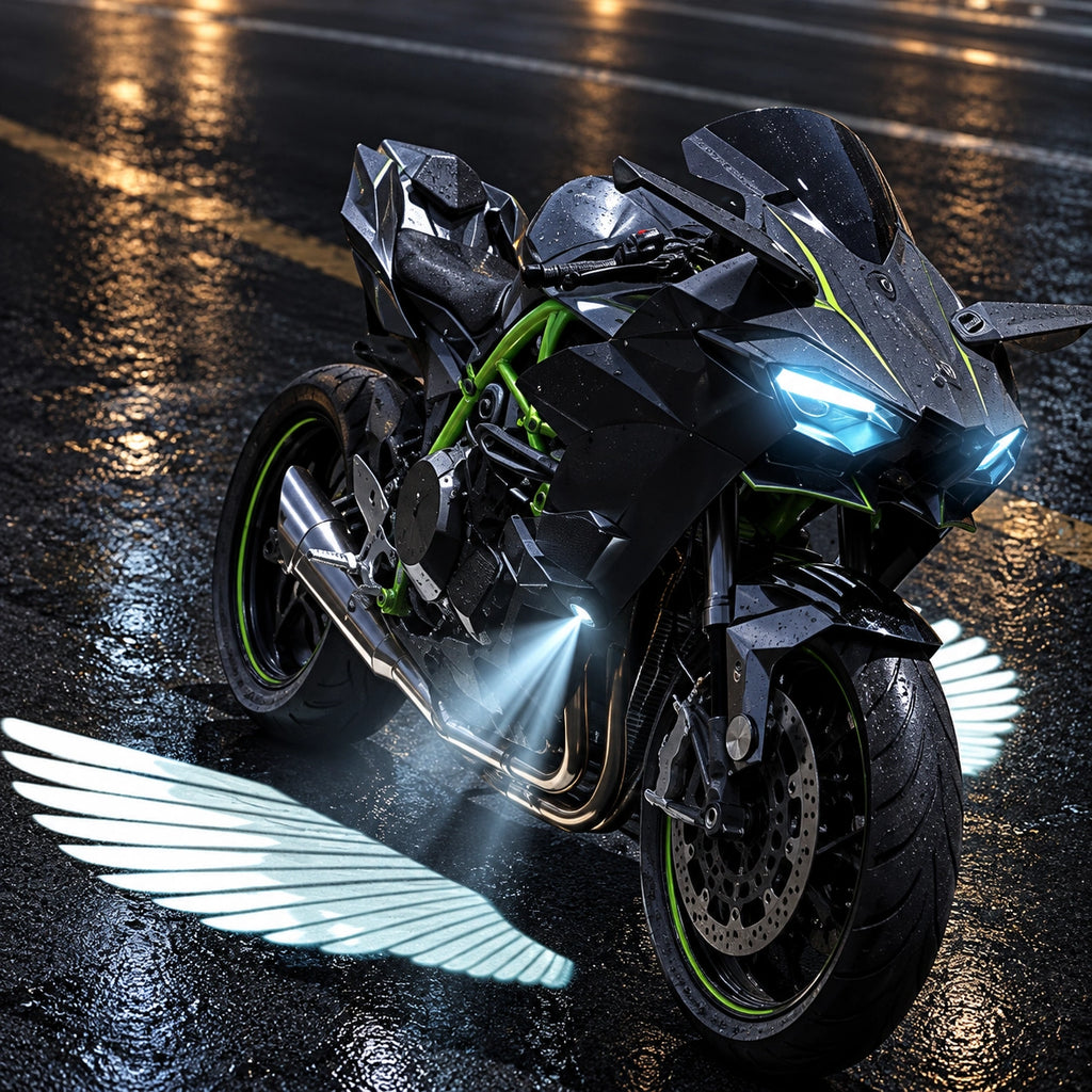 Black sport motorcycle with wing-shaped ground light