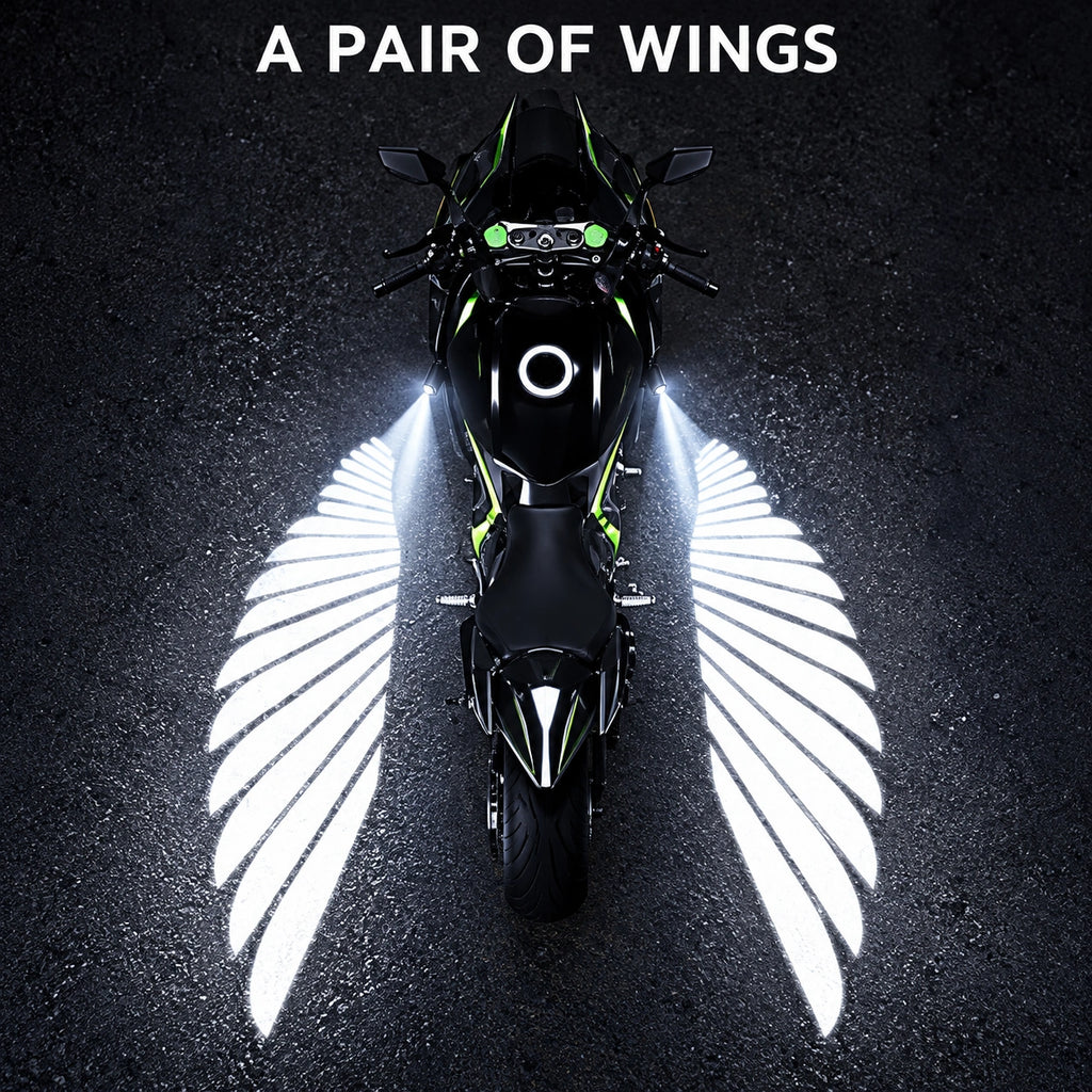 White angel wing projection from overhead motorcycle view