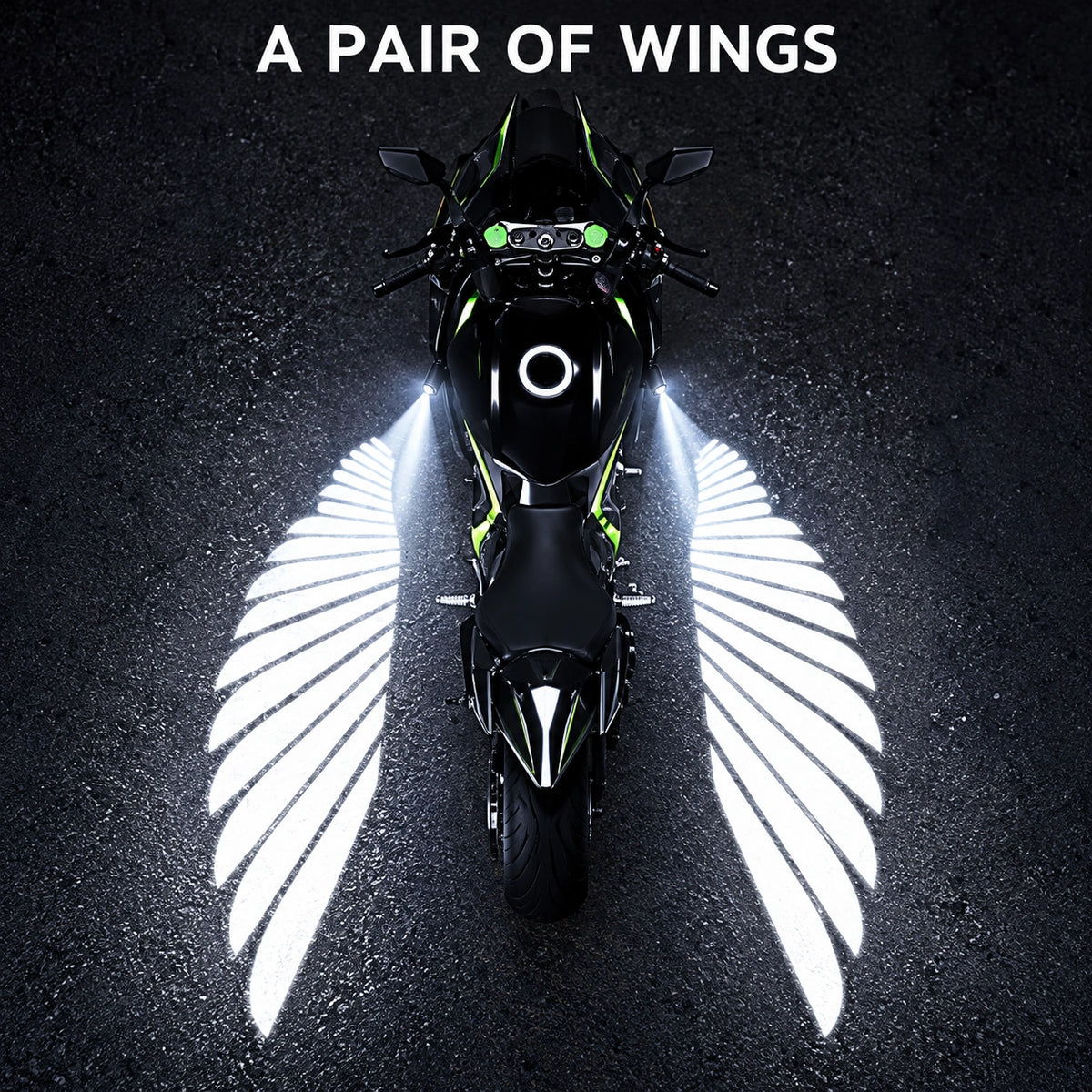 White angel wing projection from overhead motorcycle view