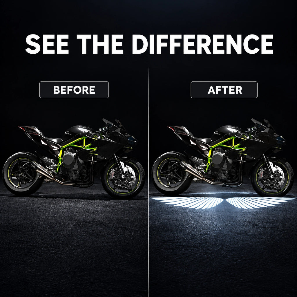 Motorcycle welcome projection before and after comparison
