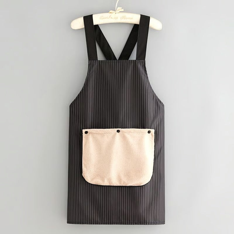 Black pinstripe cross-back apron with detachable beige towel