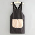 Black pinstripe cross-back apron with detachable beige towel